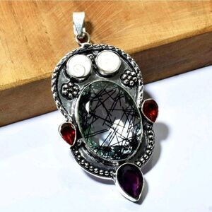 Large! Black Rutile Garnet Amethyst Ethnic Handmade Pendant Jewelry 3.2" Shiva